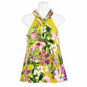 Express Halter Top Womens S Green Floral Twisted Neck Sleeveless Lined Blouse